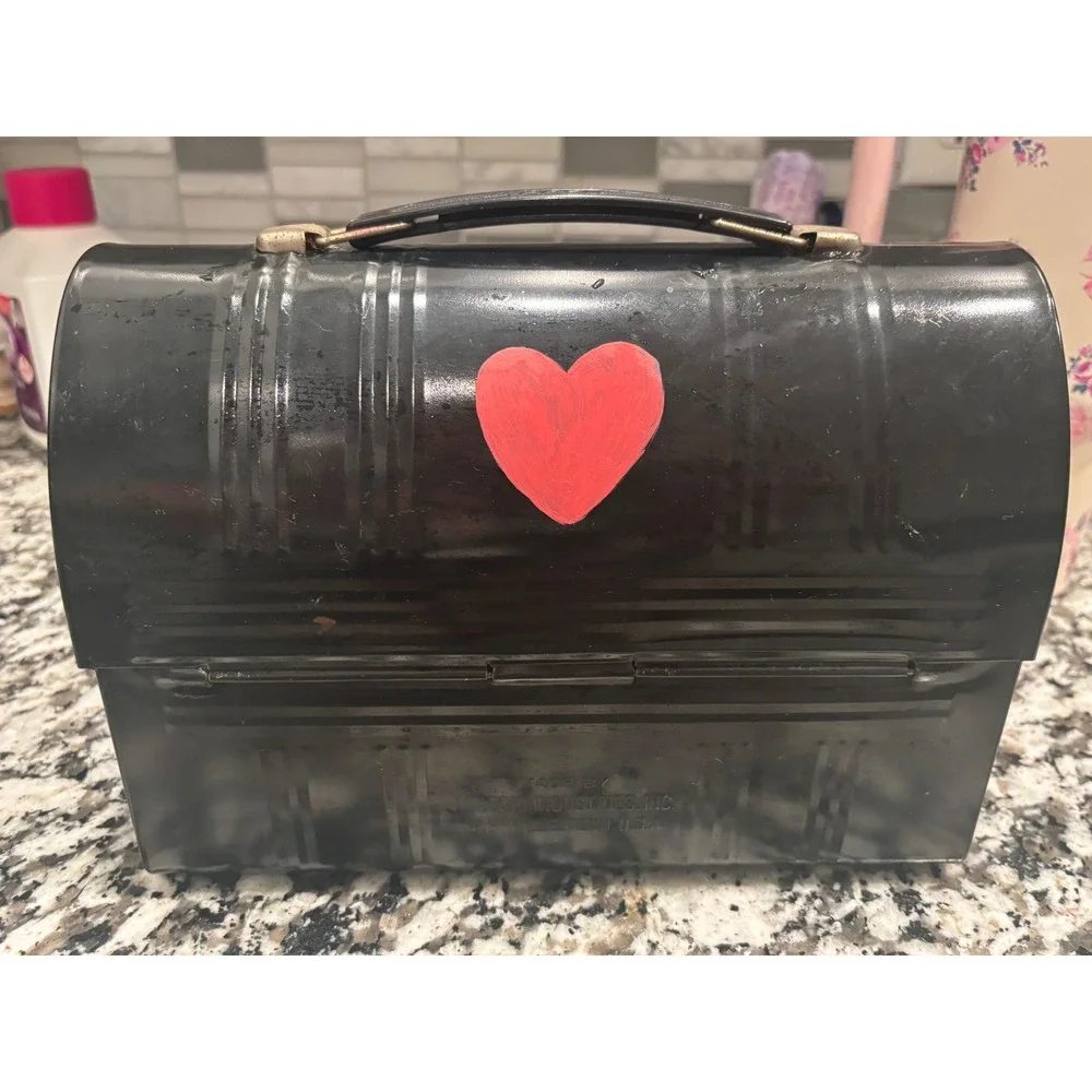 Vintage Aladdin Metal Dome Lunch‎ Box Black with Hand Painted Red Hearts Retro
